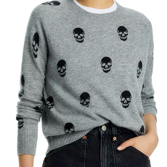 Aqua Sweaters - Aqua 100% Cashmere Skull Sweater Gray Black Print Crewneck Soft Luxury Small